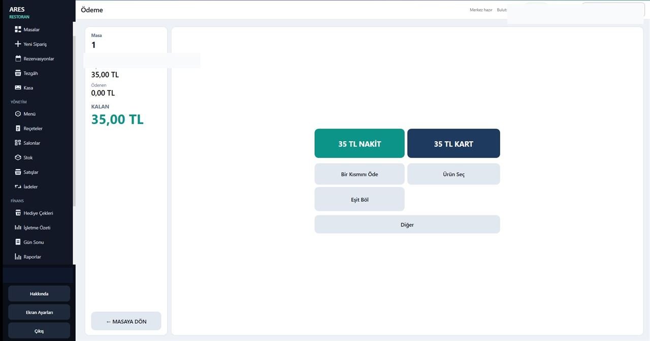 ARES Restaurant payment screen
